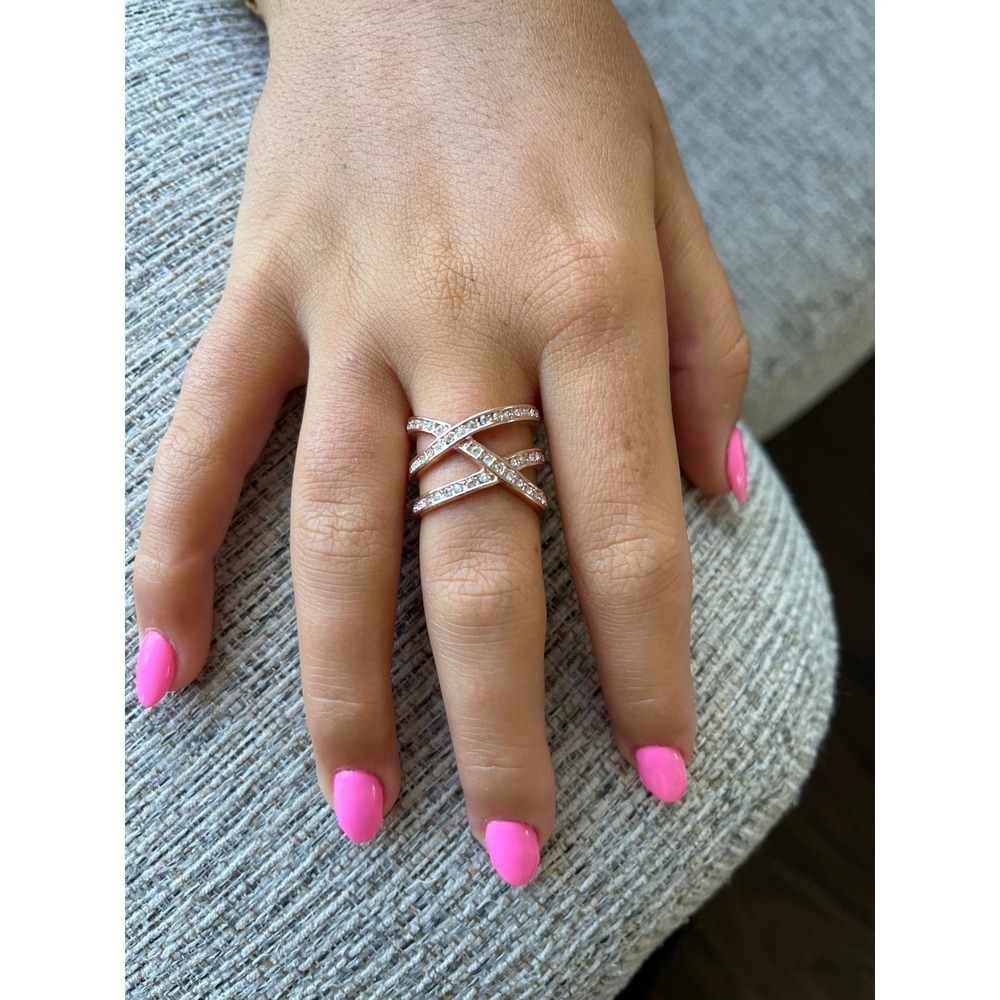 Rose Gold Criss Cross Ring with Rhinestones Statement Band‎ Ring Size 7